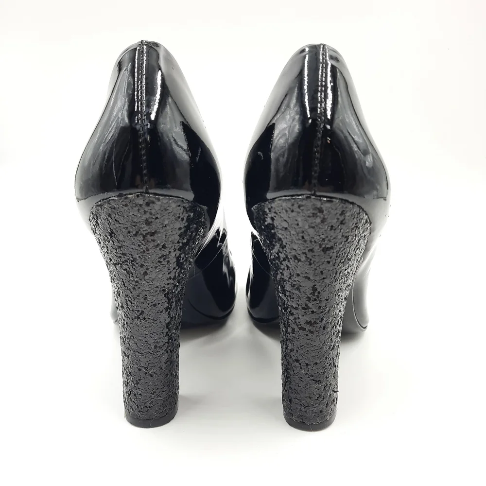TORY BURCH Patent Leather Colin Pumps Glitter Heel Witchy Office Evening Black 7 - Picture 2 of 13